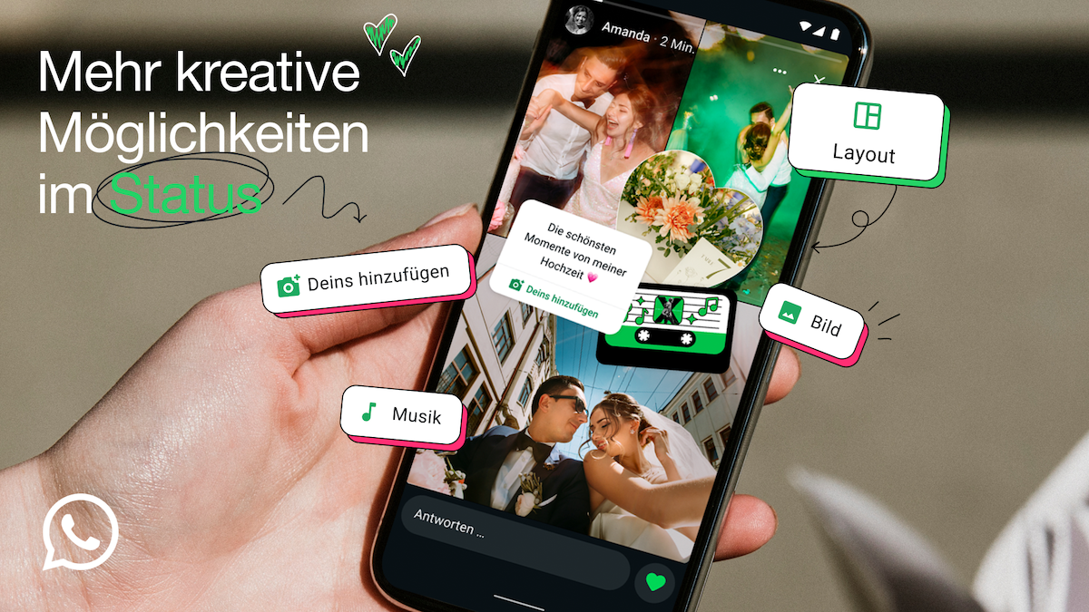 WhatsApp: Neue Funktionen für den Status werden mit einer Grafik verdeutlicht, die eine Bildercollage im Status des Messengers zeigt