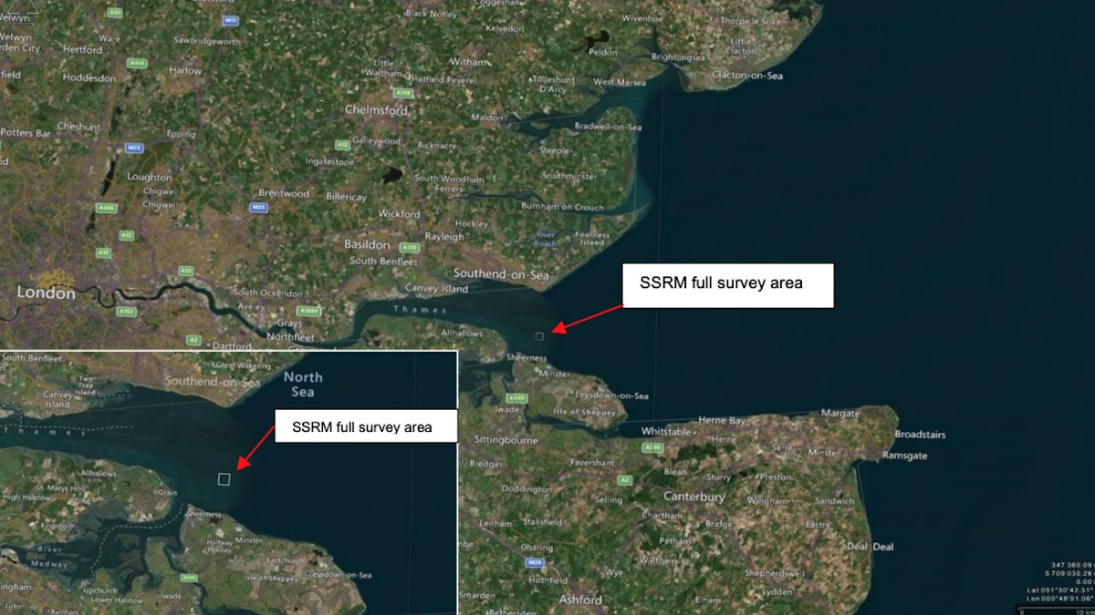 Karte der Themsemündung bei London mit dem Standort vom Wrack der SS Richard Montgomery