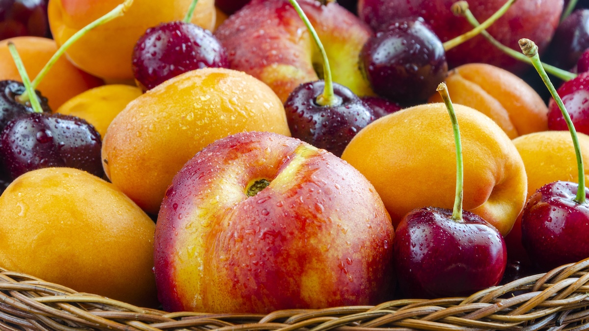 Korb mit Obst, darunter Kirschen und Aprikosen
