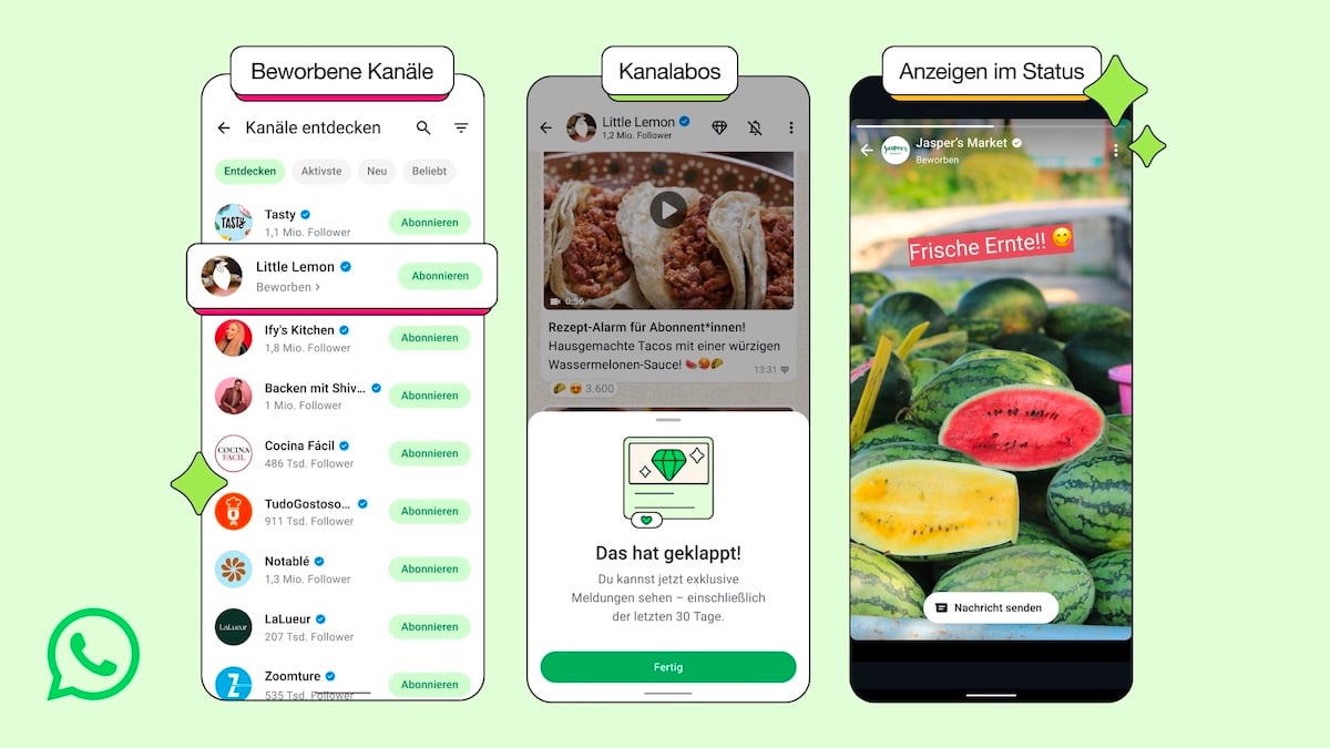 Infografik zu neuen WhatsApp-Funktionen mit Werbung: Beworbene Kanäle, Kanalabos, Anzeigen im Status