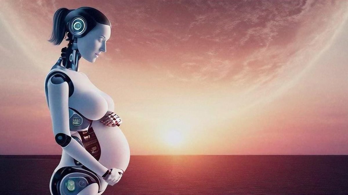KI-generiertes Bild eines schwangeren Roboters vor atmosphärischem Hintergrund