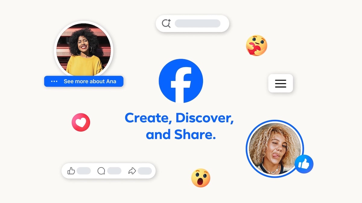 Facebook-Grafik zeigt Elemente des neuen Redesigns und den Schriftzug „Create, Discover, and Share“