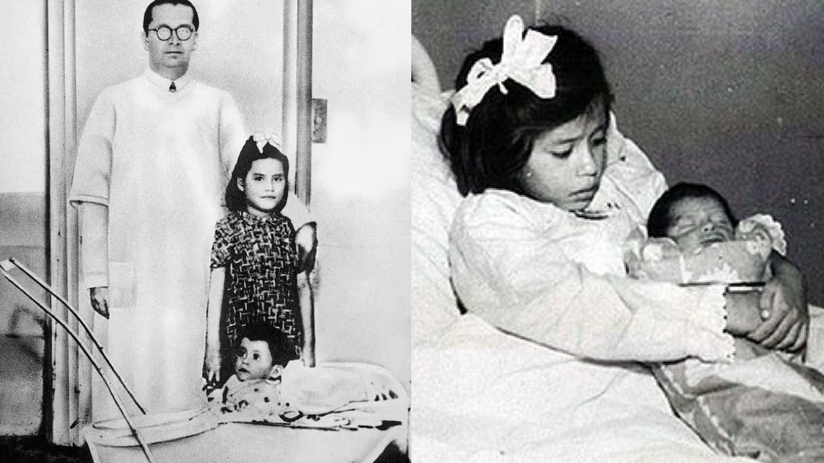 Lina Medina mit ihrem Sohn Gerardo und ihrem Arzt auf einer Schwarz-weiß-Fotografie