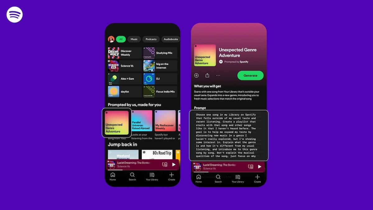 Spotify-Grafik zu Prompted Playlists zeigt zwei Screenshots der App